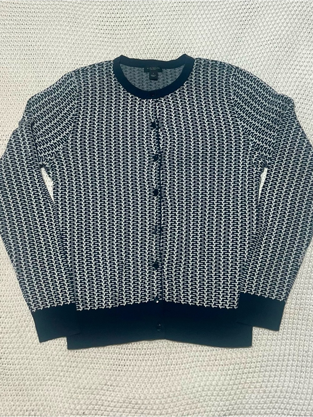 Ann Taylor Navy and White Patterned Crewneck Cardigan Sweater